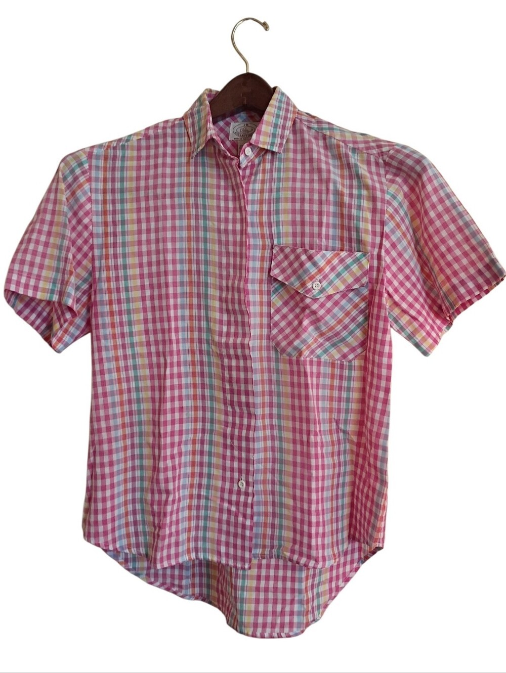 Pink Gingham Shirt Button Up Top Short Sleeve Casual Colorful Multicolor Preppy